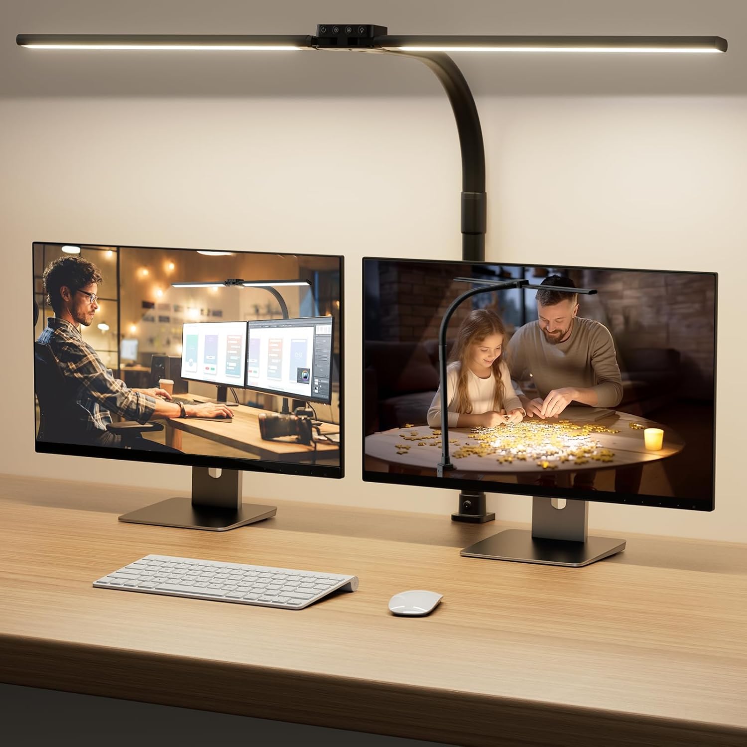 SIBRILLE Dual Head LED Desk Lamp - Gentle on Eyes, Color Changing, Dimmable, Clamp-on Design