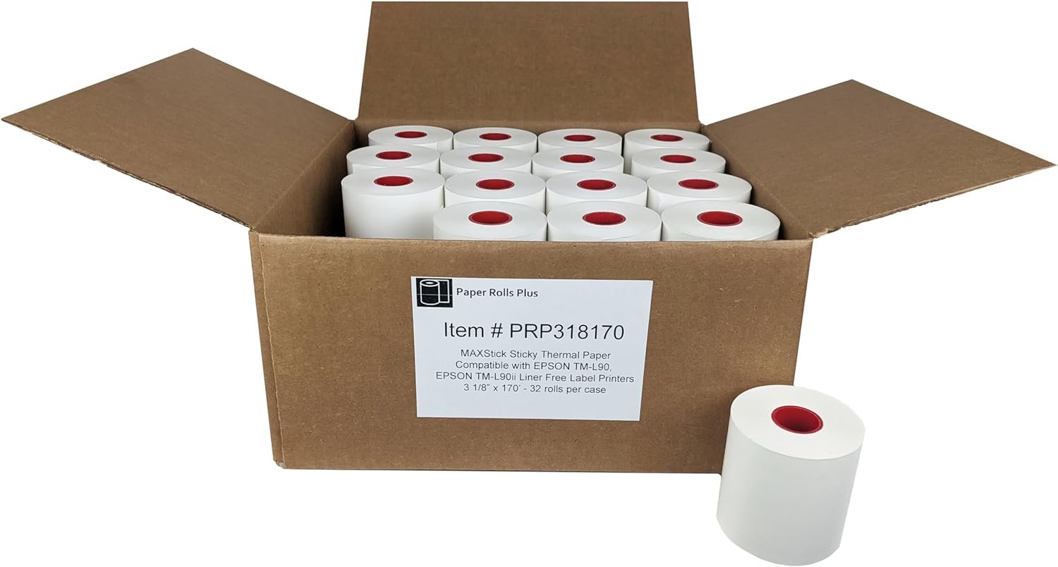 Premium Diamond Adhesive Thermal Paper Rolls - Epson TM-L90/L100 Compatible - 3 1/8 x 170' - 32 Rolls/CASE