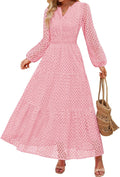 ZESICA Women's Fall Long Sleeve Maxi Dress V Neck - Eyelet A-Line