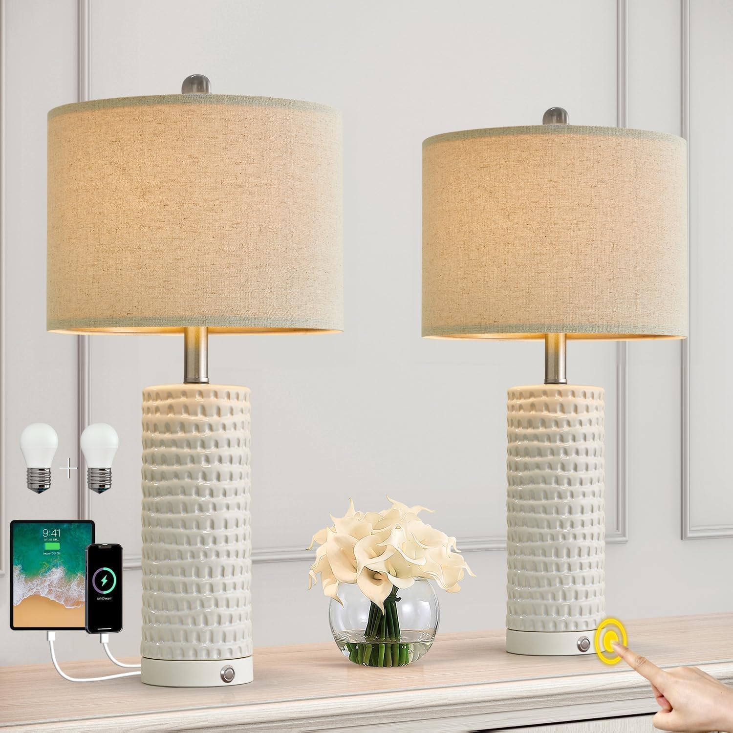 Dimmable Touch Ceramic Table Lamp Set of 2 with USB Ports