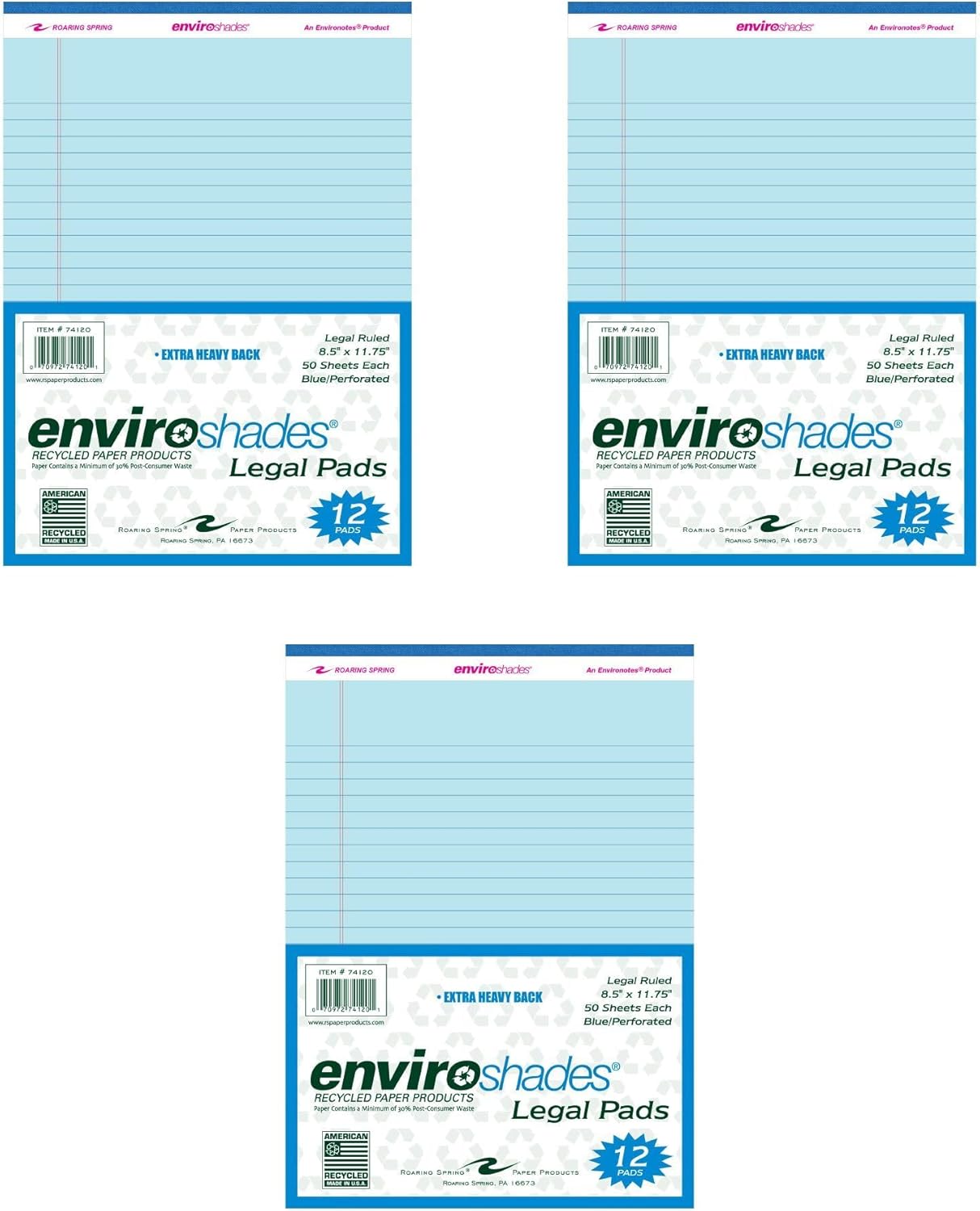ROARING SPRING Enviroshades Recycled Legal Pads, Blue, 36 Pack