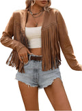 SOLY HUX Faux Suede Fringe Trim Long Sleeve Open Front Cardigan Jacket