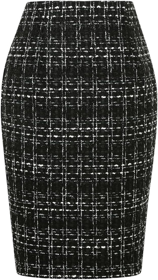 Plaid Skirts for Women Fall Winter Knee Length Pencil Wool Skirt