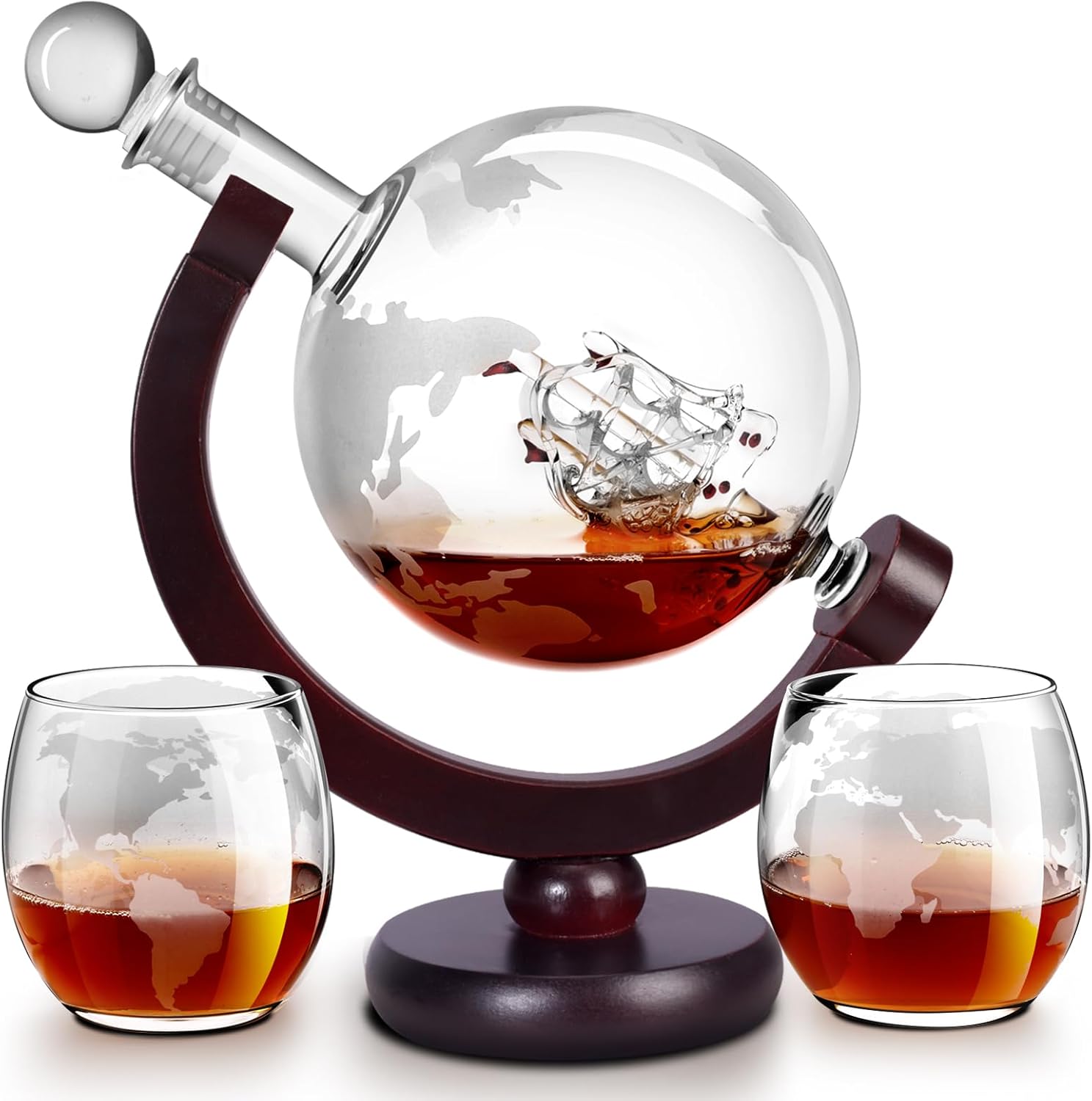 Whiskey Decanter Globe Set with 2 Etched Globe Whisky Glasses