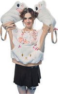 Womens Pullover Hoodie with Detachable Bag Furry Cat Paw Gloves - Cute
