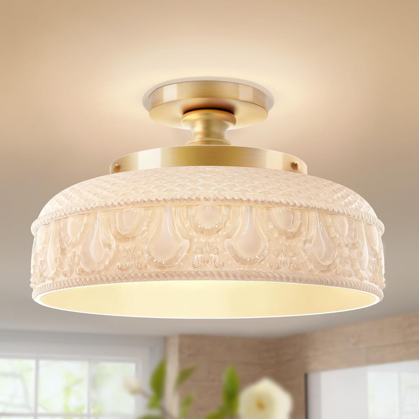 Lamomo Semi Flush Mount Ceiling Light with White Glass Shade