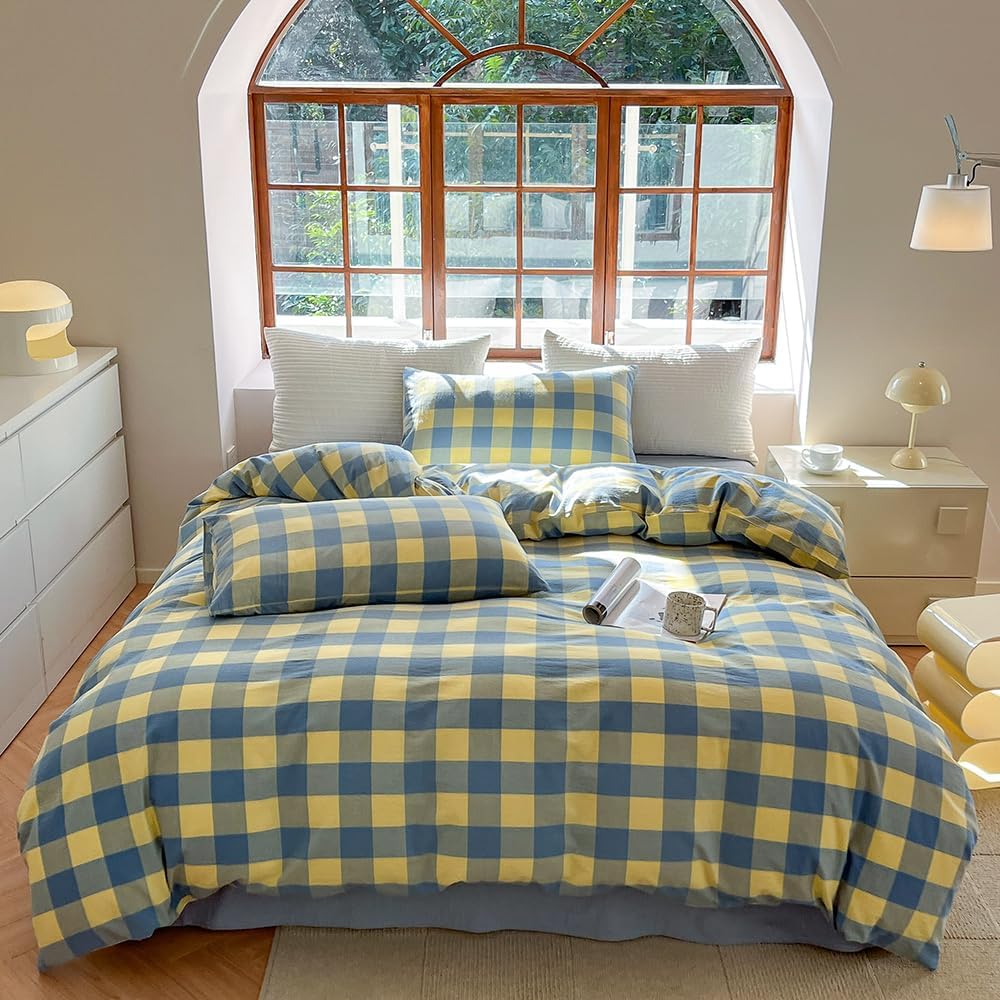 FACE TWO FACE King Size Duvet Cover Set in Blue Yellow Grid
