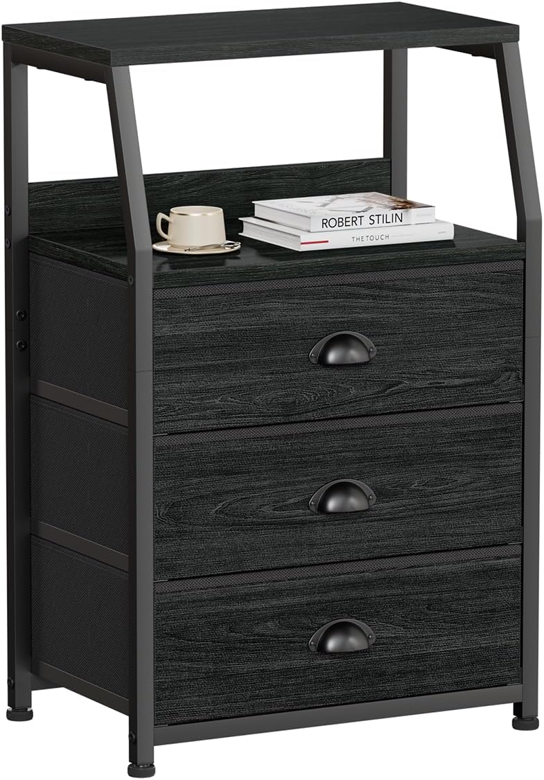 Furnulem Black Night Stand with 3 Fabric Drawers and Shelf