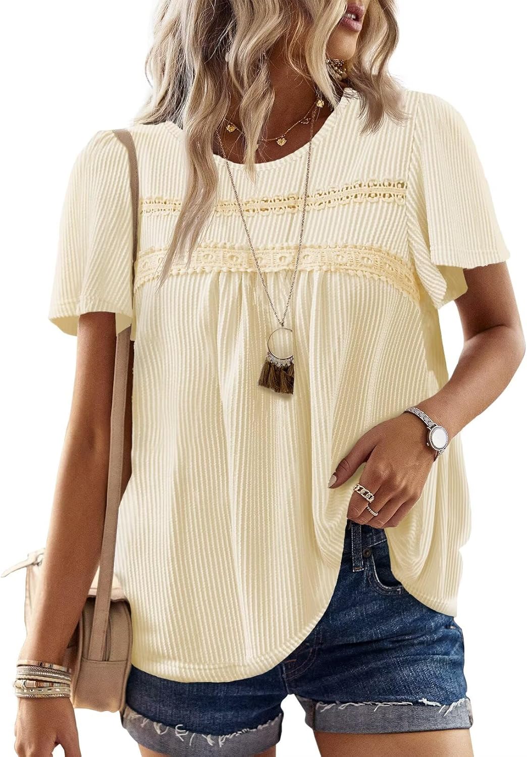 Womens Summer Tops Crewneck Short Sleeve Striped Shirts Casual