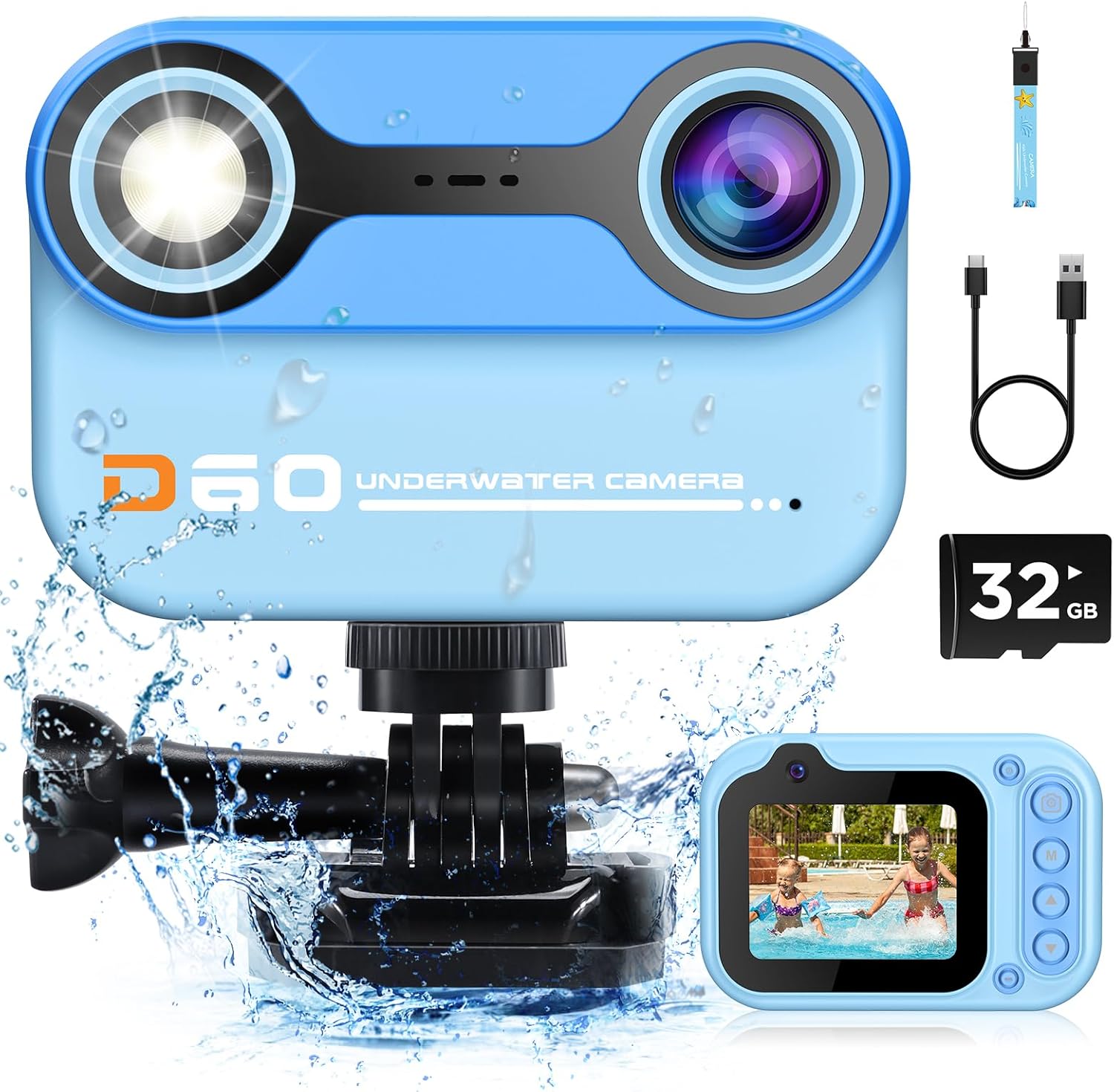 Waterproof Kids Camera: HD 1080P, 32GB Card, Fun Pool Toy - Blue