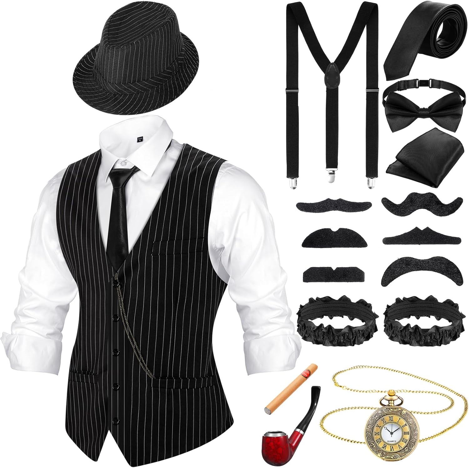 1920s Men Costume Accessories Outfit with Gangster Vest and Hat