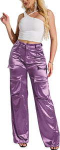 Womens High Waisted Satin Cargo Pants Loose Fit Wide Leg Trousers all