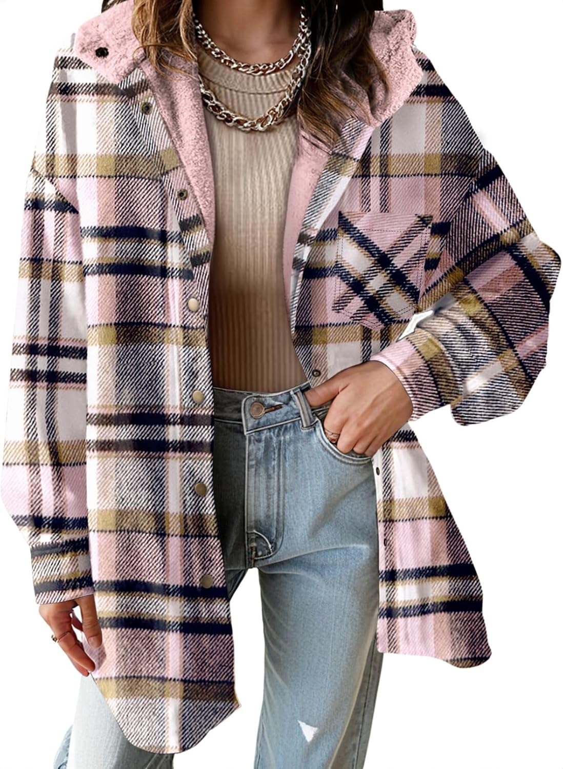 Dokotoo Women's Flannel Hooded Plaid Shacket for Winter Warmth