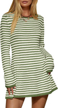 Womens Striped Pullover Sweater Crew Neck Tunic Mini Dress - Cozy Fit