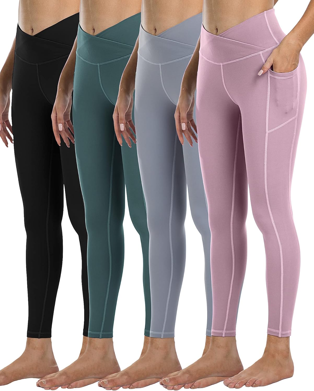 4 Pack Leggings with Pockets for Women, High Waist Tummy Control