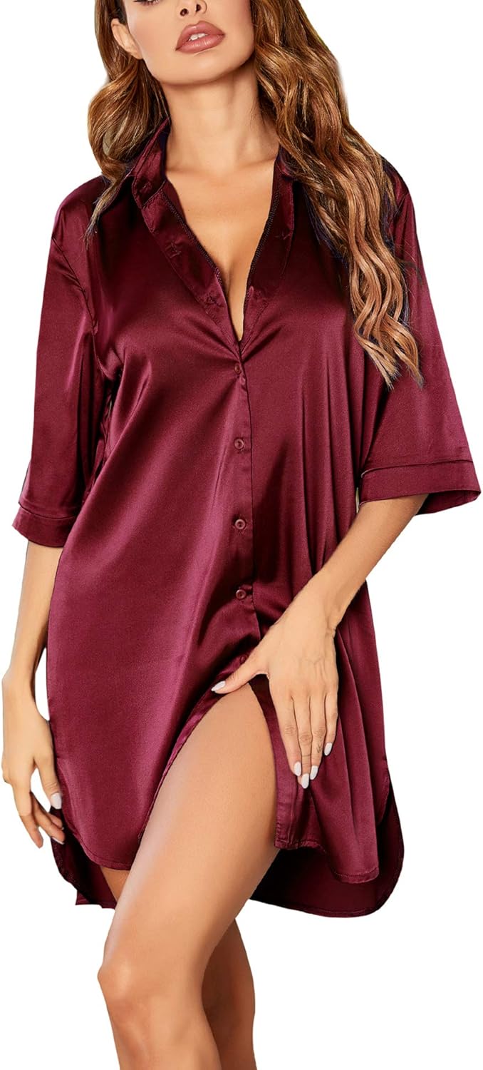 Ekouaer Women's Satin Nightshirt Button Down Sleepshirt for Comfort