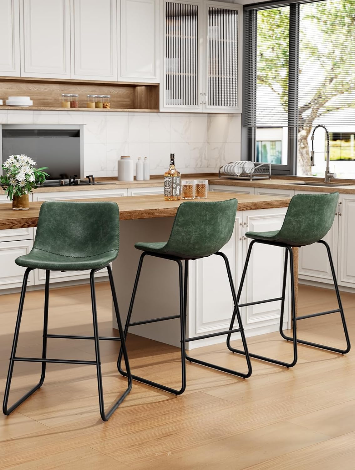 Modern Faux Leather Bar Stools Set of 3 for Kitchen Island