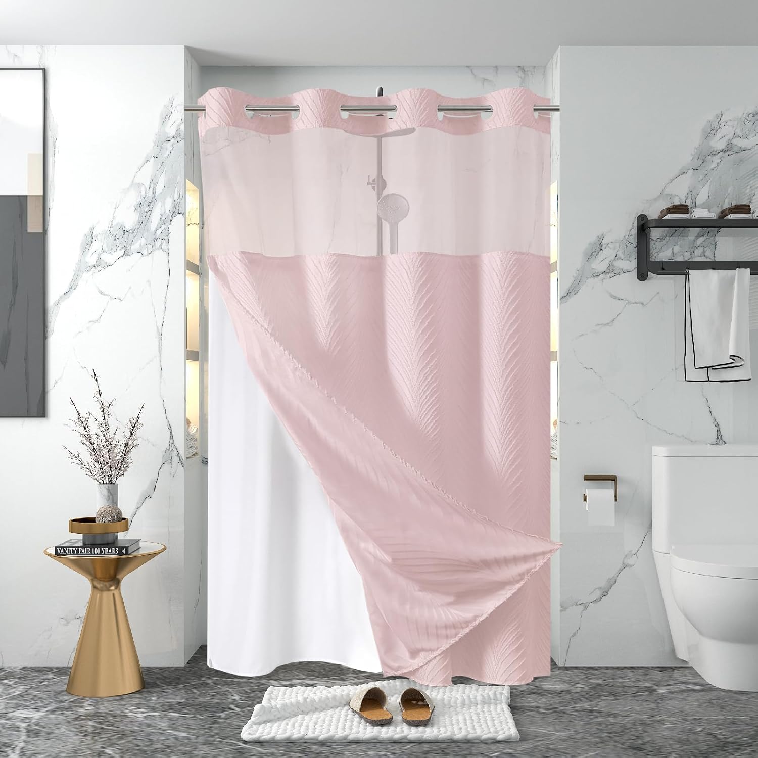 Boho Style Pink Tufted Shower Curtain with Snap-In Liner Set