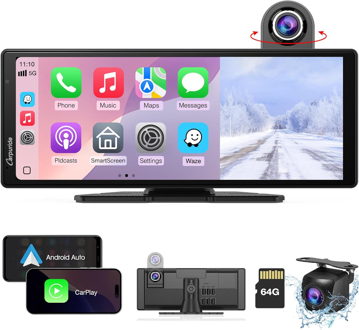 Carpuride Wireless Carplay & Android Auto with Dash Cam Features