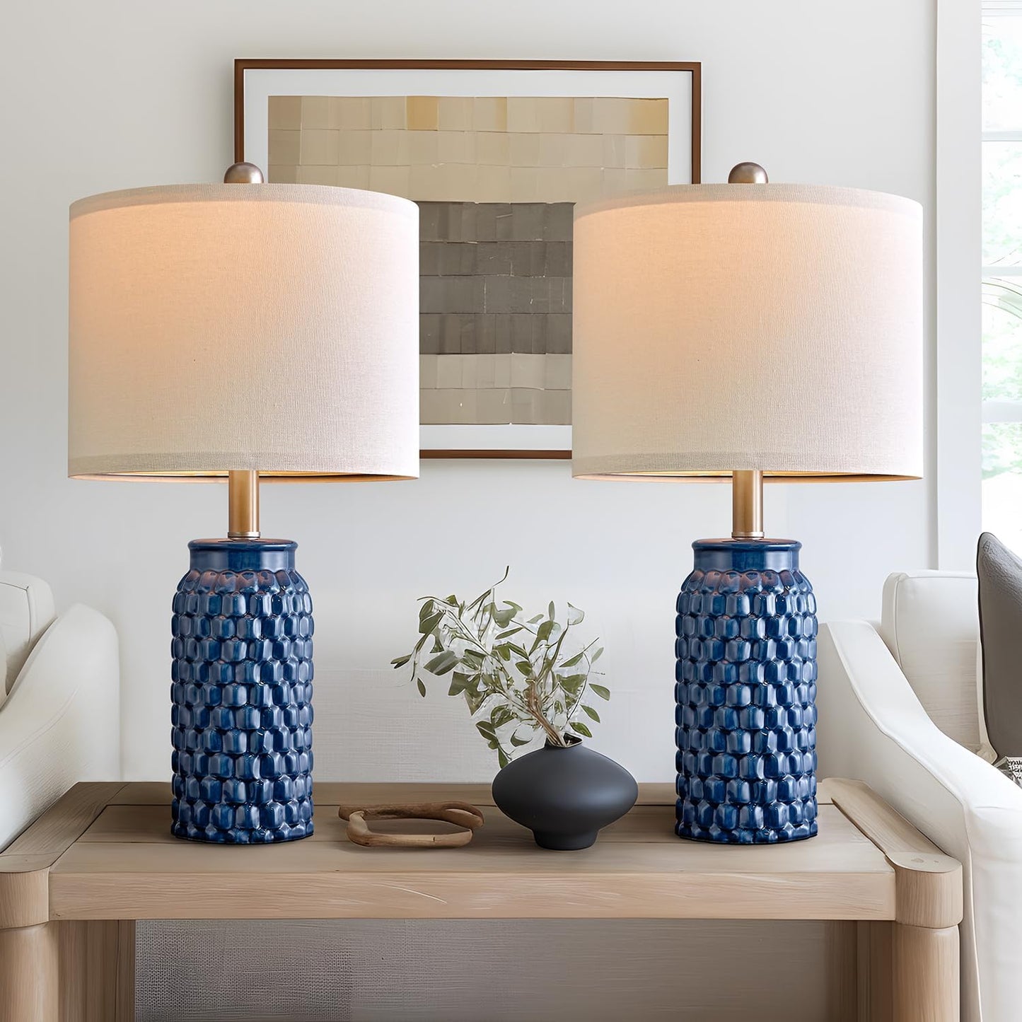 Modern Ceramic Dark Blue Bedside Lamp Set of 2 for Decor