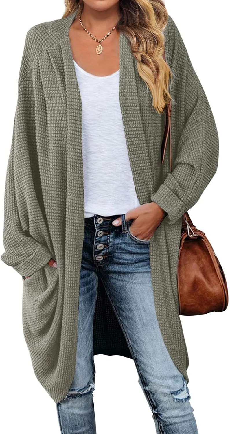 Waffle Knit Batwing Long Sleeve Cardigan for Cozy Fall Style
