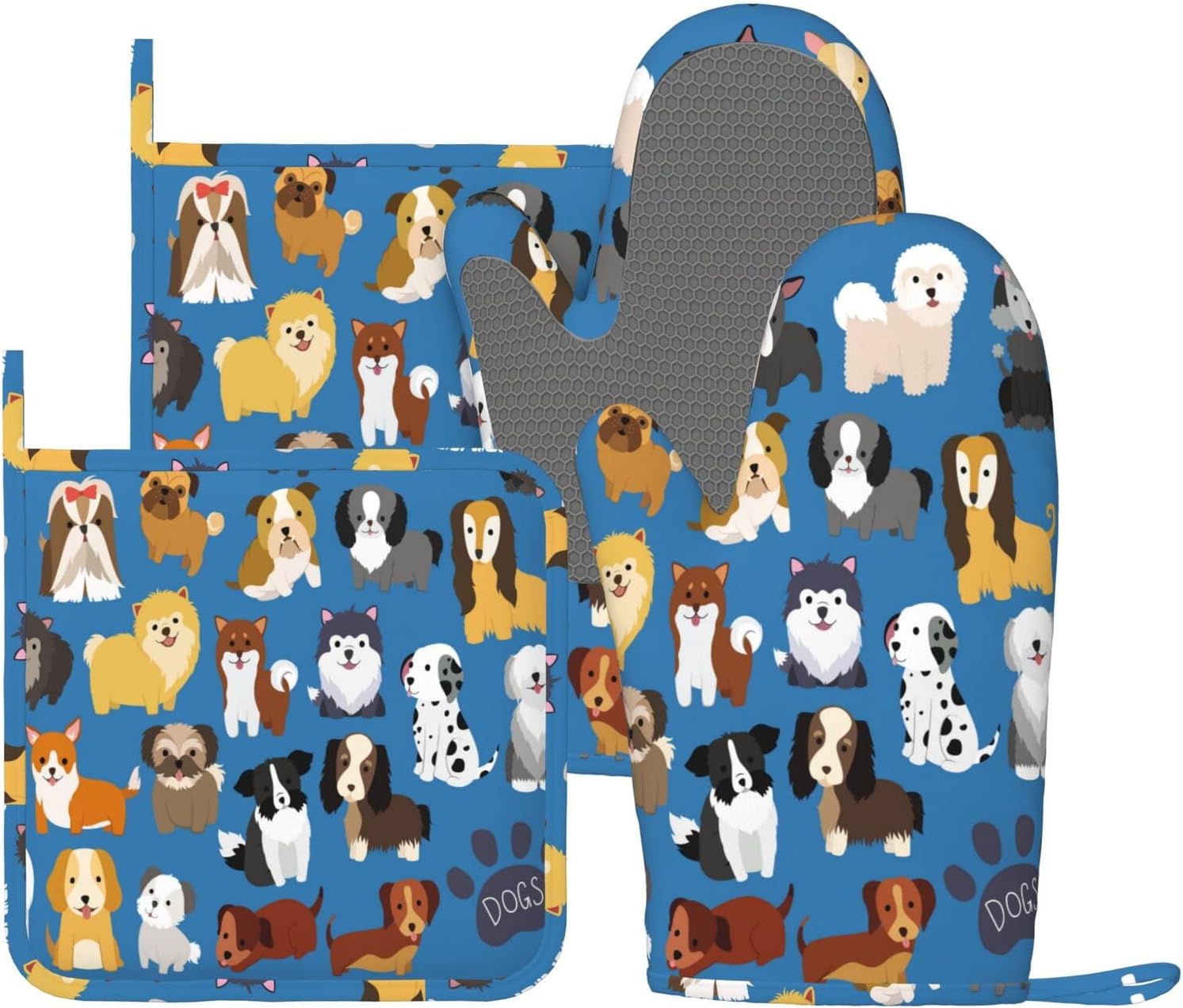 Blue Cute Puppy Oven Mitt Set: Non-Slip, Heat Resistant