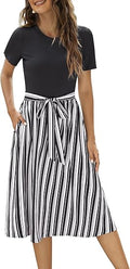 Zattcas Women Summer Ribbed Midi Dress with Pockets - Modest Workwear