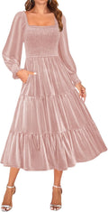 ZESICA Velvet Square Neck Smocked Ruffle Midi Dress - Elegant Winter