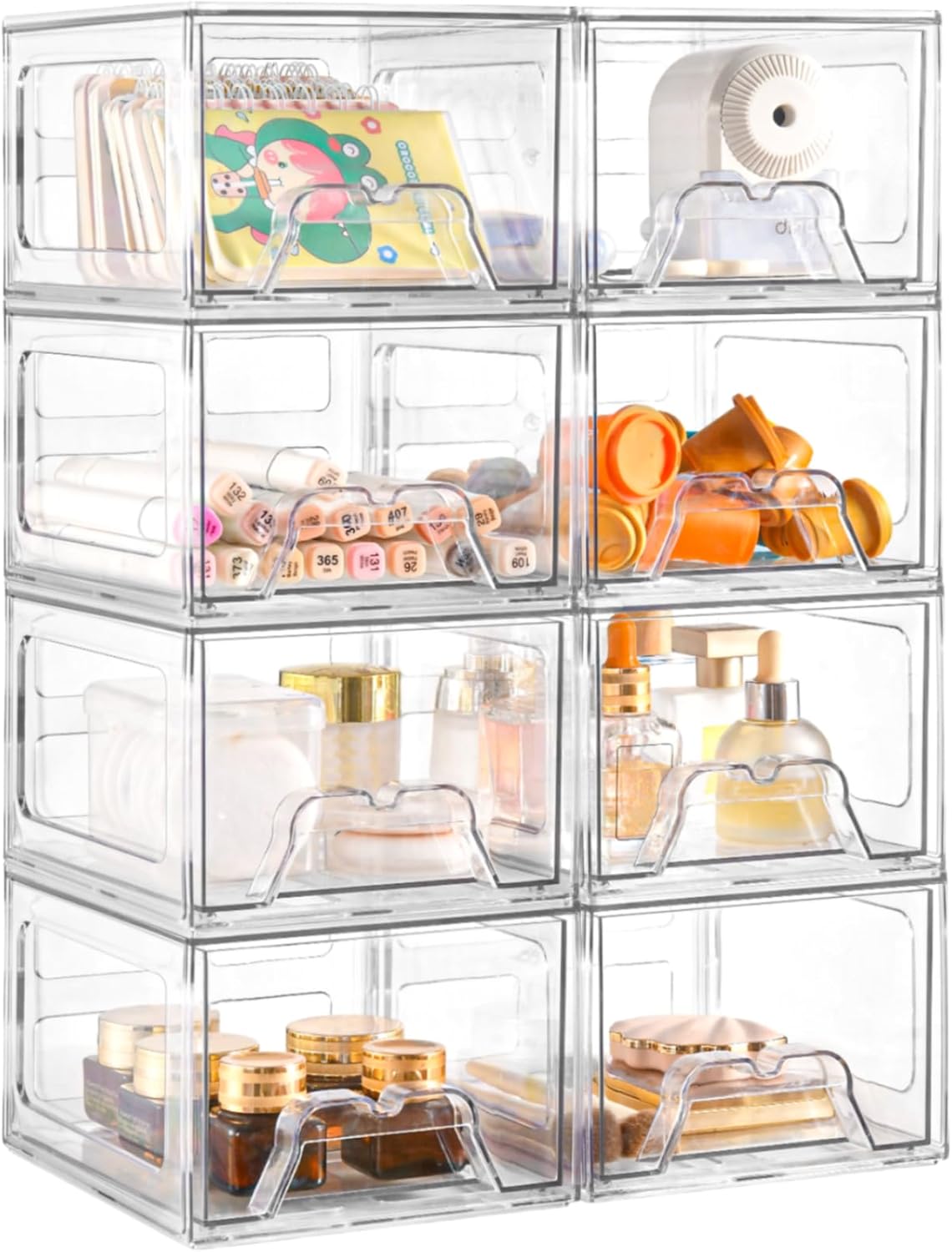Plastic Drawers Storage - 8 Pack Clear Stackable Organizers