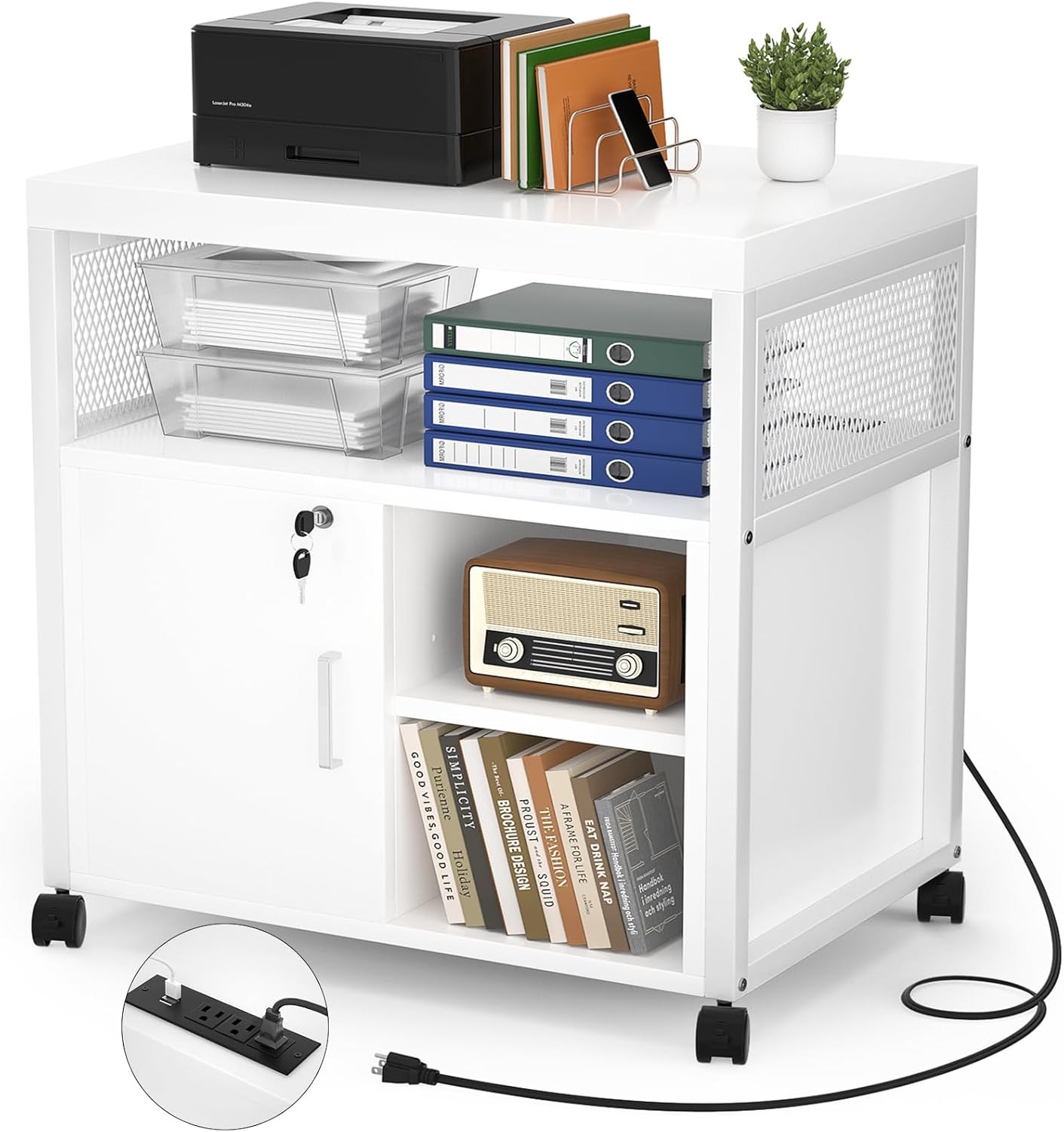 Modern Lockable Printer Stand with Charging Port