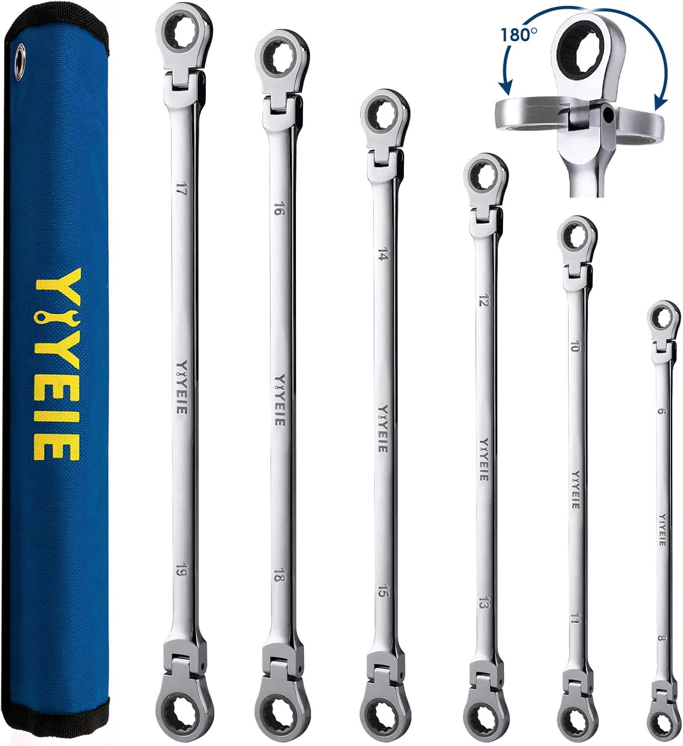 6 Pcs Extra Long Flex Head Ratcheting Wrench Set for Mechanics