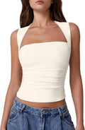 Womens Square Neck Tank Top Side Ruched Double Lined Slim Fit Crop Top