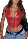 Floerns Women's PU Leather Halter Neck Asymmetrical Crop Top - Y2K