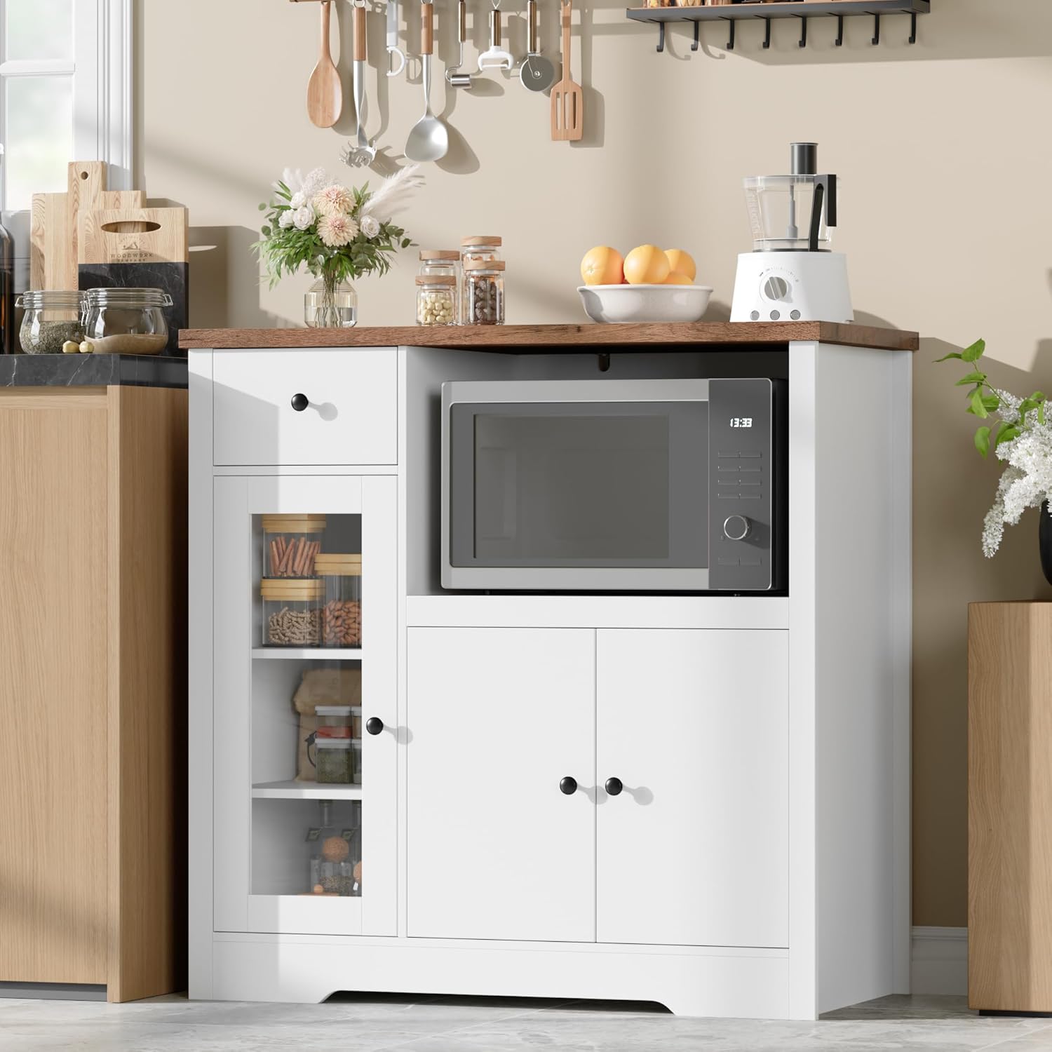 Senfot White Kitchen Cabinet - Stylish Storage & Glass Doors