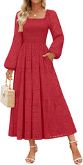 ZESICA Women's Fall Long Sleeve Maxi Dress - Flowy Smocked A-Line M=US