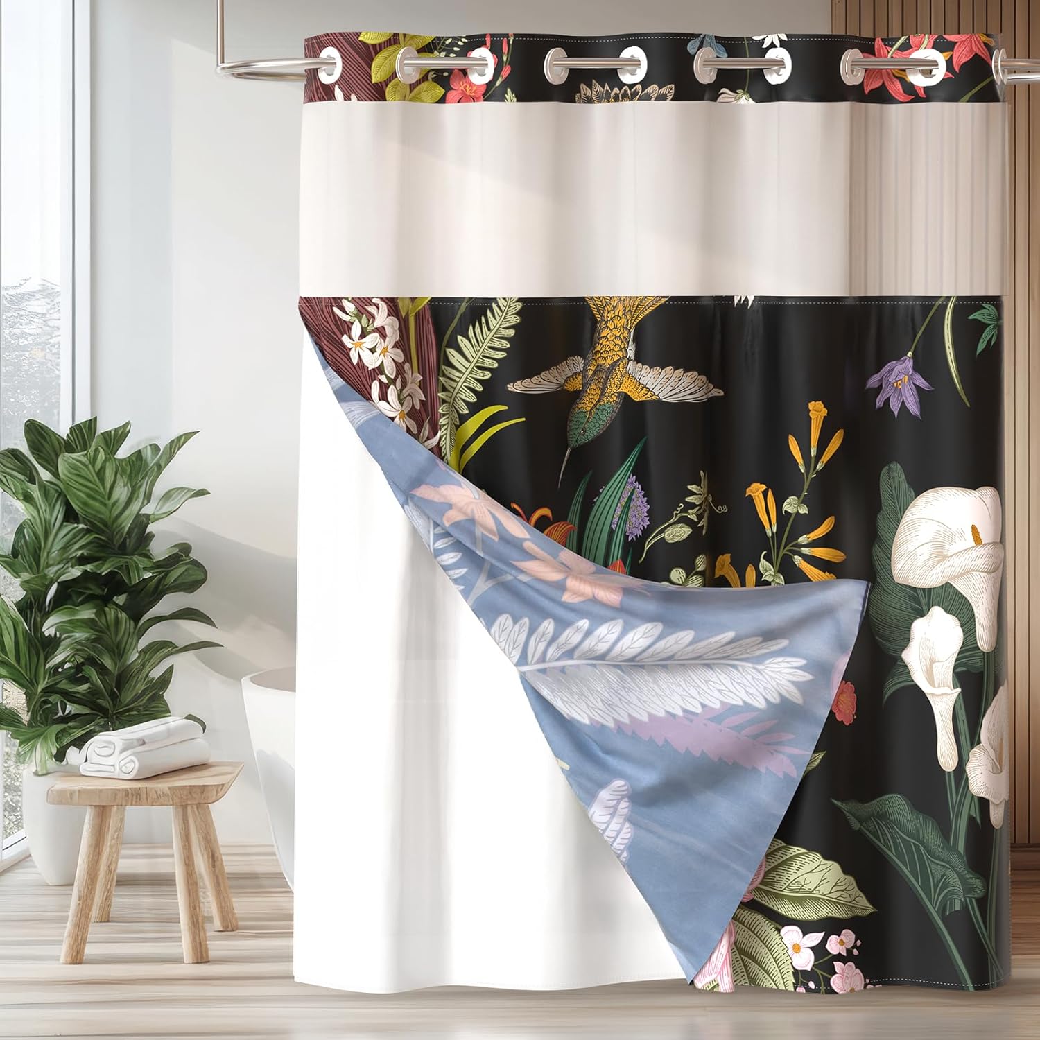 Waterproof Floral Shower Curtain with Mesh Window