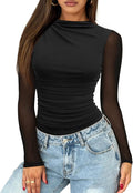 Saslax Women's Long Sleeve Mesh Bodysuit Mock Neck - Sheer Ruched Fit
