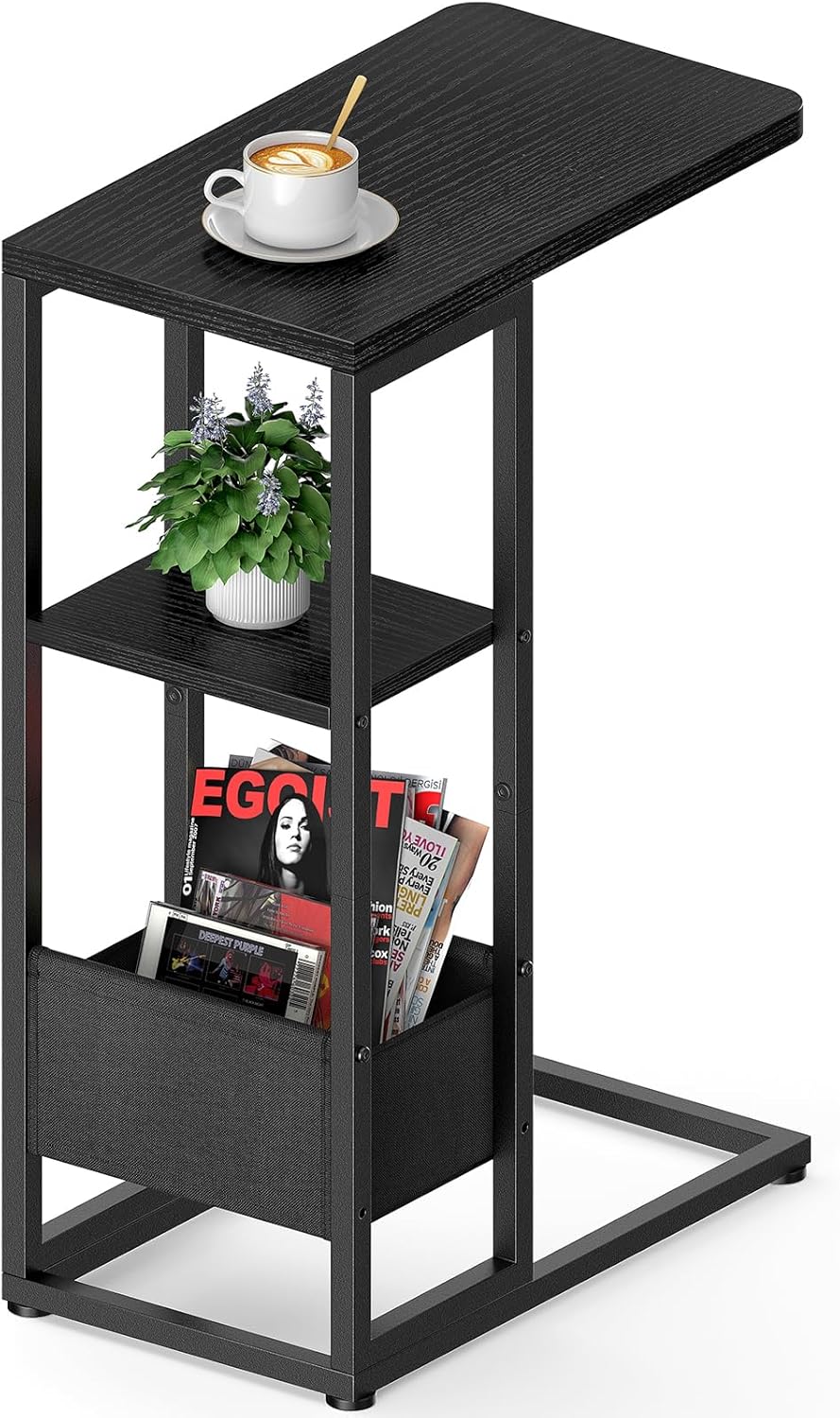 C Shaped End Table for Couch with Storage Bag - Black
