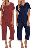 Ekouaer 2 Pack Womens Pajamas Short Sleeve Sleepwear - Comfy Capri