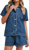 Kedera Summer Denim Set Women 2-Piece Casual Short Sleeve Boxy Shirt