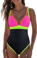 One Piece Tummy Control Swimsuit Neon Color Block - Slimming Fit 82%