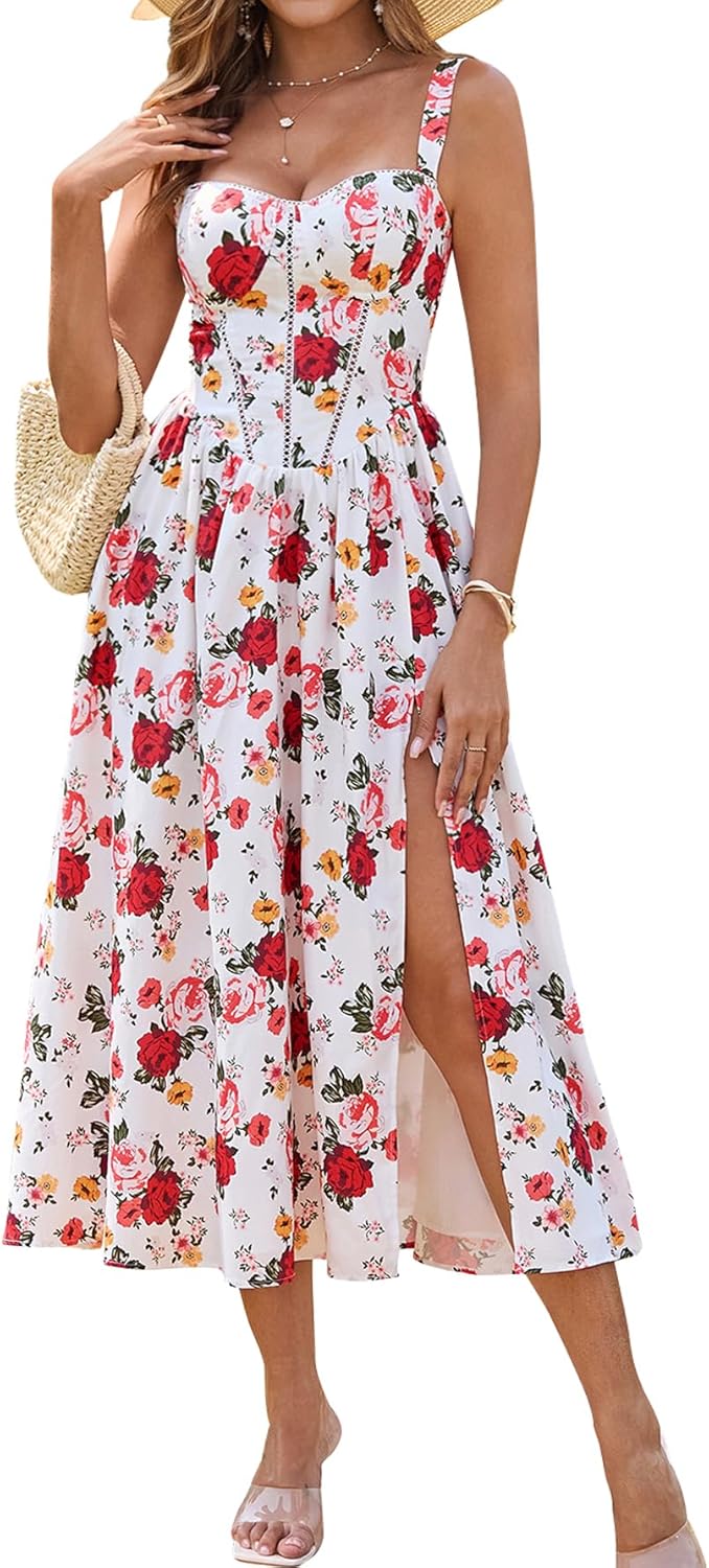 Floral Corset Midi Dress with Pockets for Summer Weddings