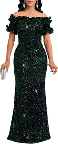 Women Sequin Off Shoulder Ruffle Bodycon Mermaid Maxi Dress - Glam can