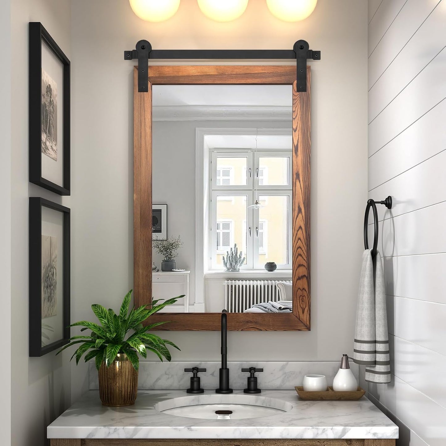Farmhouse Barn Door Mirror - Rustic Wood Framed Wall Decor
