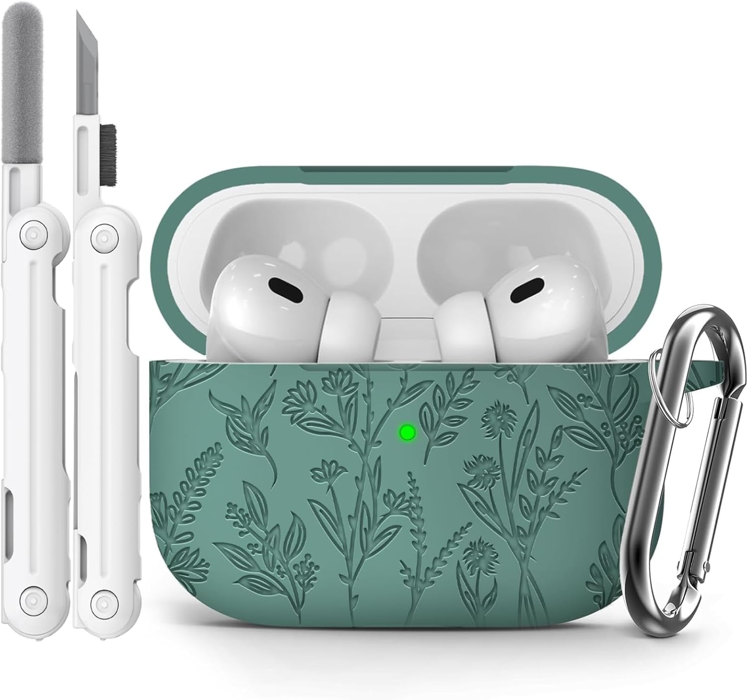 Engraved Flower AirPods Pro Case + Clean Kit - Pine Green