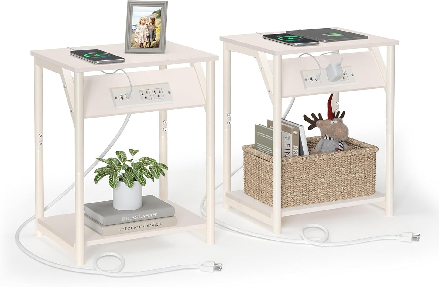 VASAGLE End Table with Charging Station - Set of 2 Small Tables