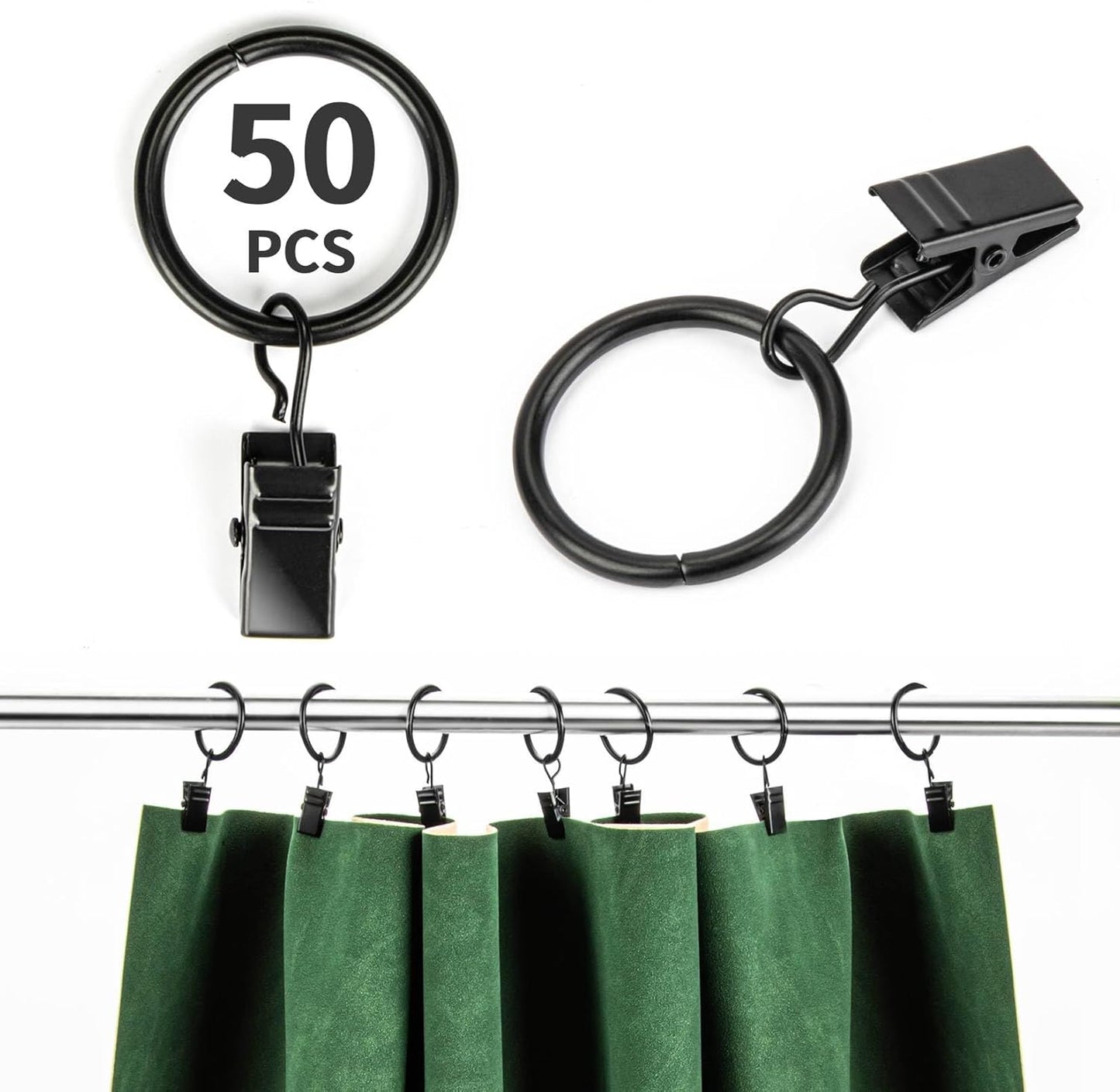 Black Curtain Rings with Clips - Strong Metal Fasteners