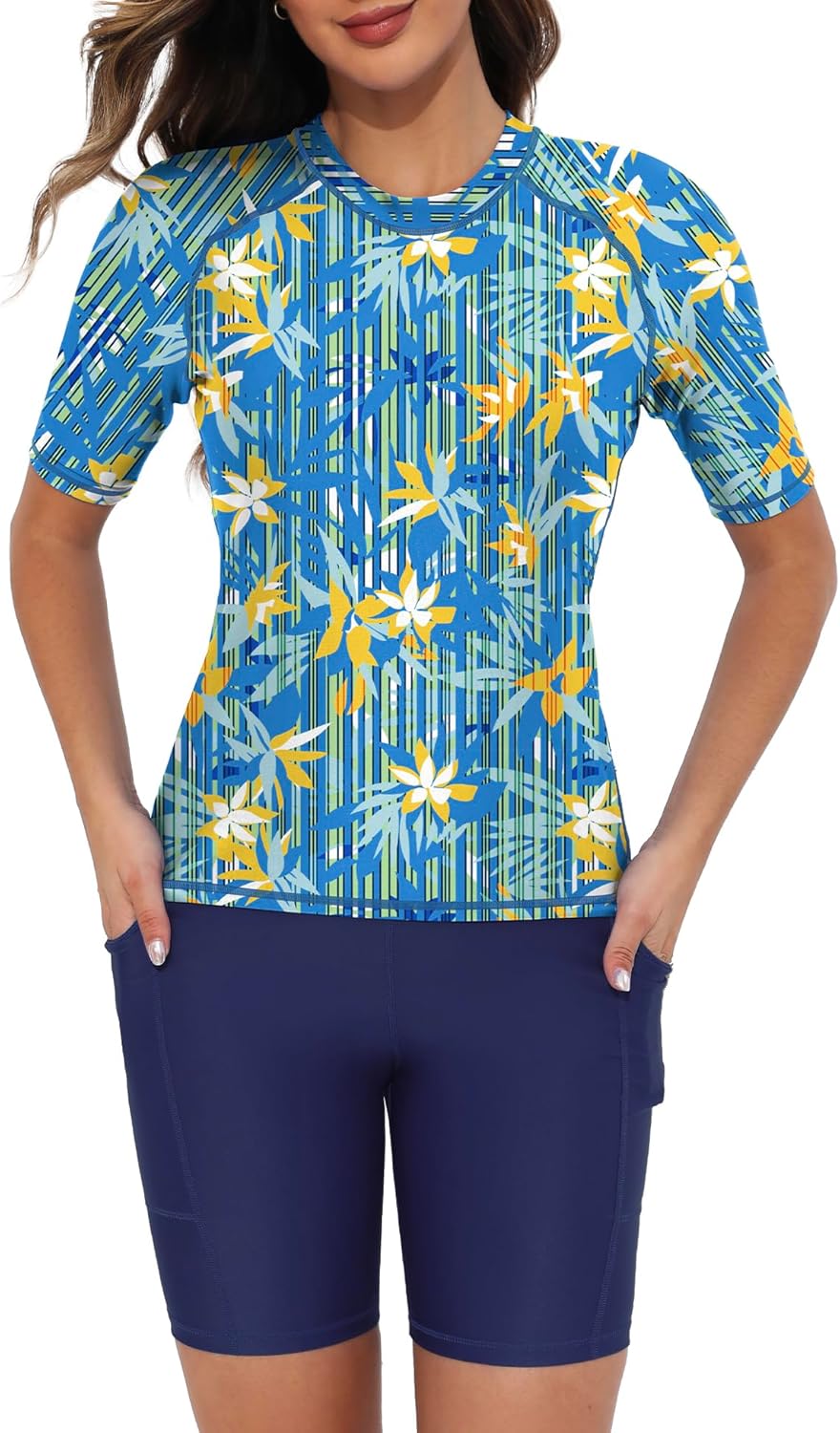 Tournesol Women's Two Piece Rash Guard Swim Set with Pockets