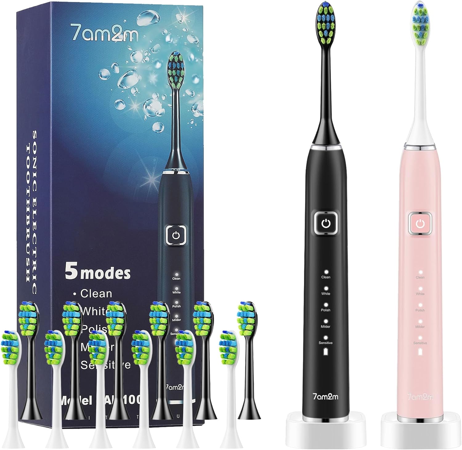 7AM2M Electric Toothbrush Set for Kids and Adults with 12 Heads