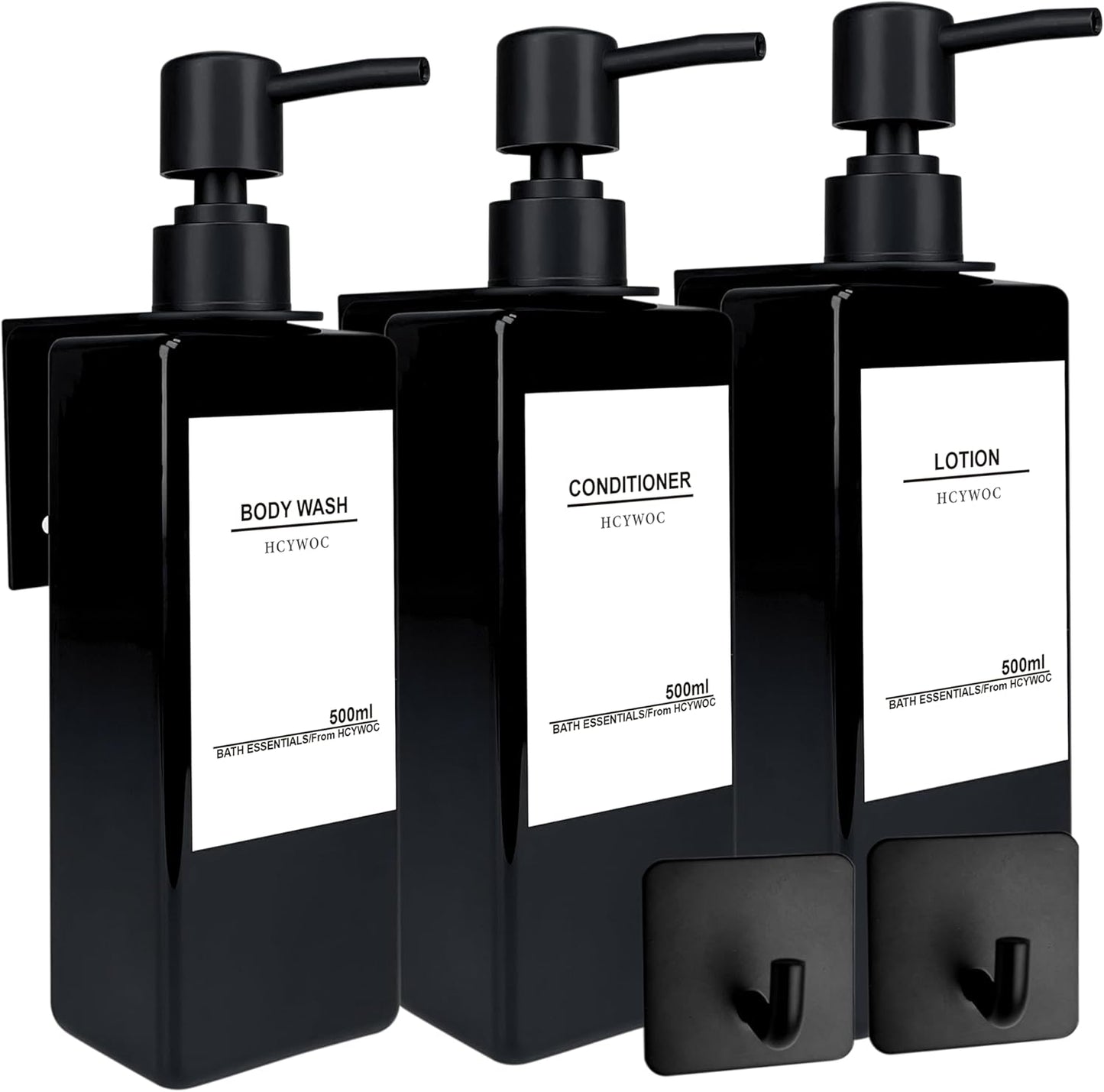 Wall-Mounted 3-Chamber Shampoo Dispenser, 16 Labels, No Drill, 17oz, Black